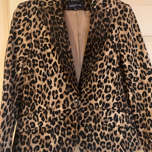 Jones New York Signature Stretch Black/Tan Leopard Lined Blazer sz 10 - Picture 2 of 7